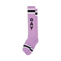 Pair of lavender knee-high socks with black and white stripes at the top and bottom. The word 'GAY' is vertically printed in black.