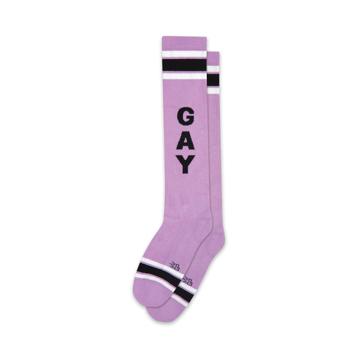 Pair of lavender knee-high socks with black and white stripes at the top and bottom. The word 'GAY' is vertically printed in black.