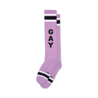 Pair of lavender knee-high socks with black and white stripes at the top and bottom. The word 'GAY' is vertically printed in black.
