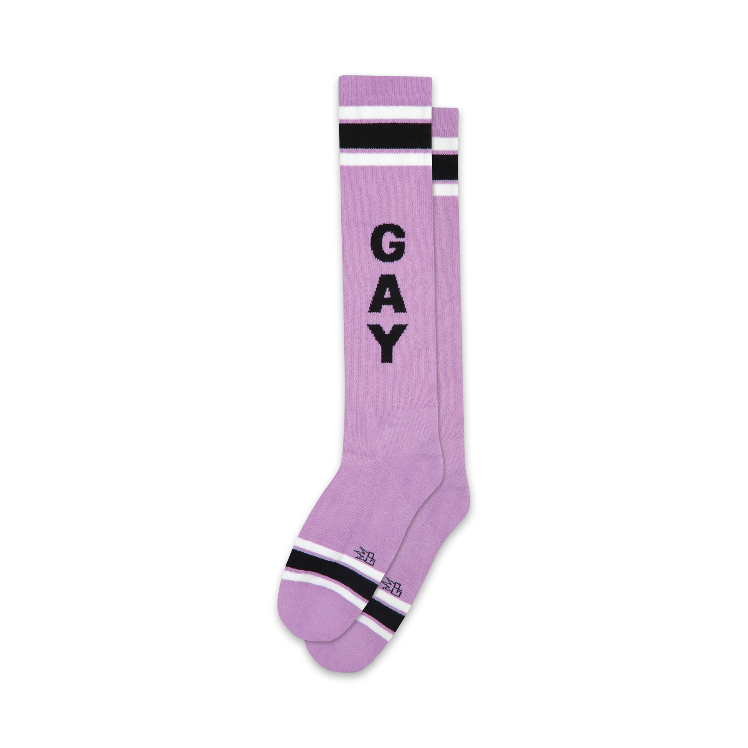 Pair of lavender knee-high socks with black and white stripes at the top and bottom. The word 'GAY' is vertically printed in black.