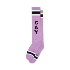 lavender knee-high socks with the word "gay" in black block letters, two black stripes, and a white stripe near the top.  