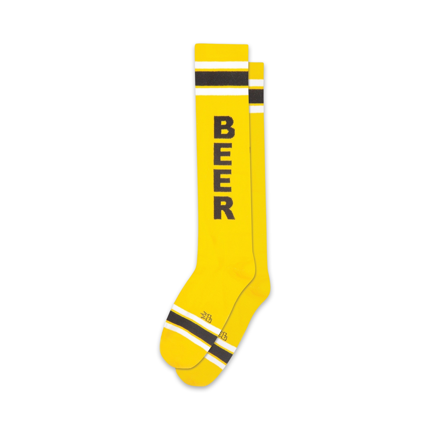 Pair of yellow knee-high socks with black 'BEER' vertical text and black and white stripes near the cuff.