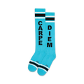 Pair of bright blue knee-high socks with black stripes and 'CARPE' and 'DIEM' vertically printed on each sock.