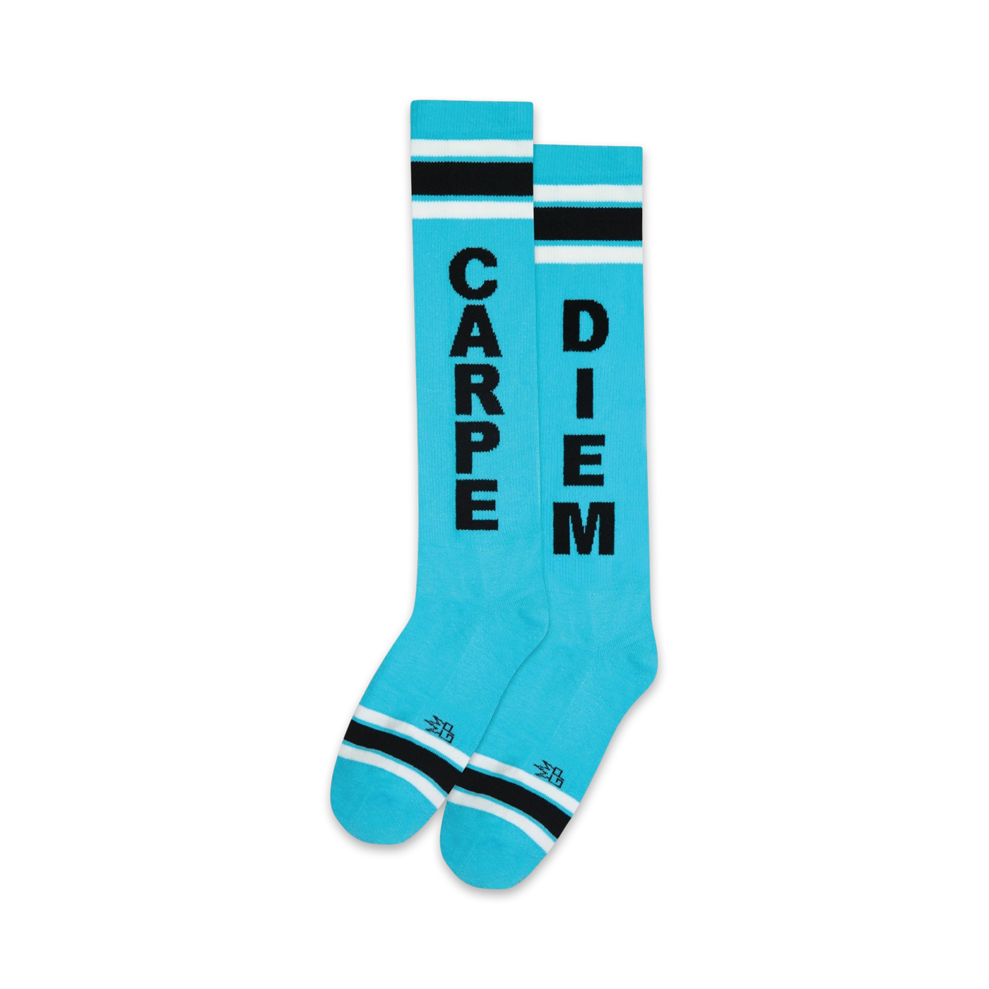Pair of bright blue knee-high socks with black stripes and 'CARPE' and 'DIEM' vertically printed on each sock.