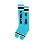 Pair of bright blue knee-high socks with black stripes and 'CARPE' and 'DIEM' vertically printed on each sock.