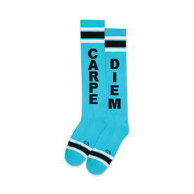 blue knee-high xl socks with black and white stripes and the words 'carpe diem' in black.  