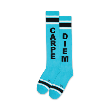blue knee-high xl socks with black and white stripes and the words 'carpe diem' in black.  