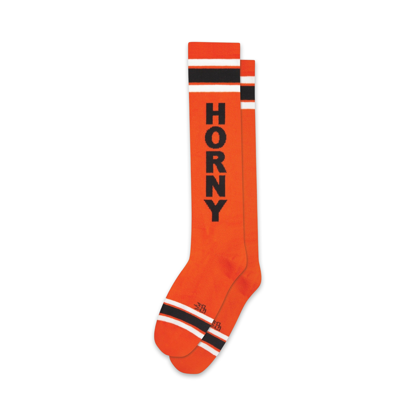 Pair of orange knee-high socks with bold black 'HORNY' lettering and black-and-white stripes at the top and bottom.