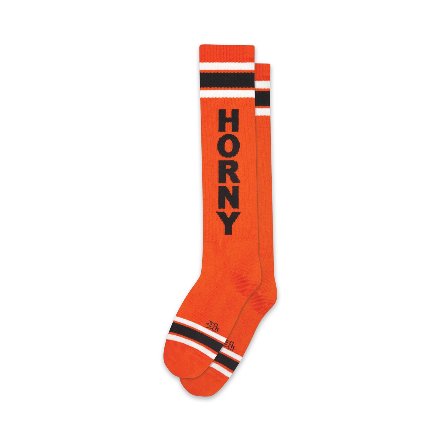 Pair of orange knee-high socks with bold black 'HORNY' lettering and black-and-white stripes at the top and bottom.
