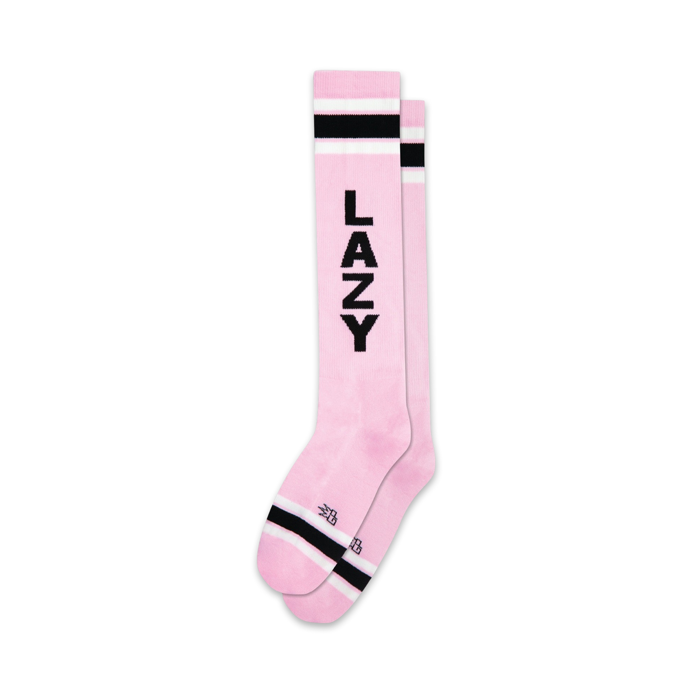 Pair of pink knee-high socks with black 'LAZY' vertical text and black & white stripes at the top and bottom.