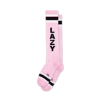 Pair of pink knee-high socks with black 'LAZY' vertical text and black & white stripes at the top and bottom.