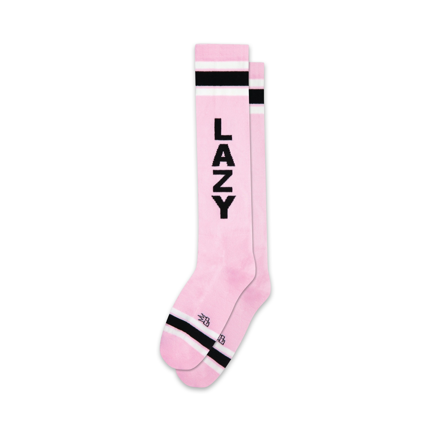 Pair of pink knee-high socks with black 'LAZY' vertical text and black & white stripes at the top and bottom.