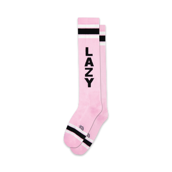pink knee-high xl socks with "lazy" in black text and two black stripes near top.   