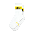 Pair of white crew socks with a black and yellow 'BEER' band at the top. Small yellow design at the heel.