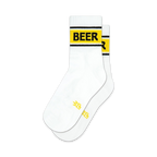 Pair of white crew socks with a black and yellow 'BEER' band at the top. Small yellow design at the heel.
