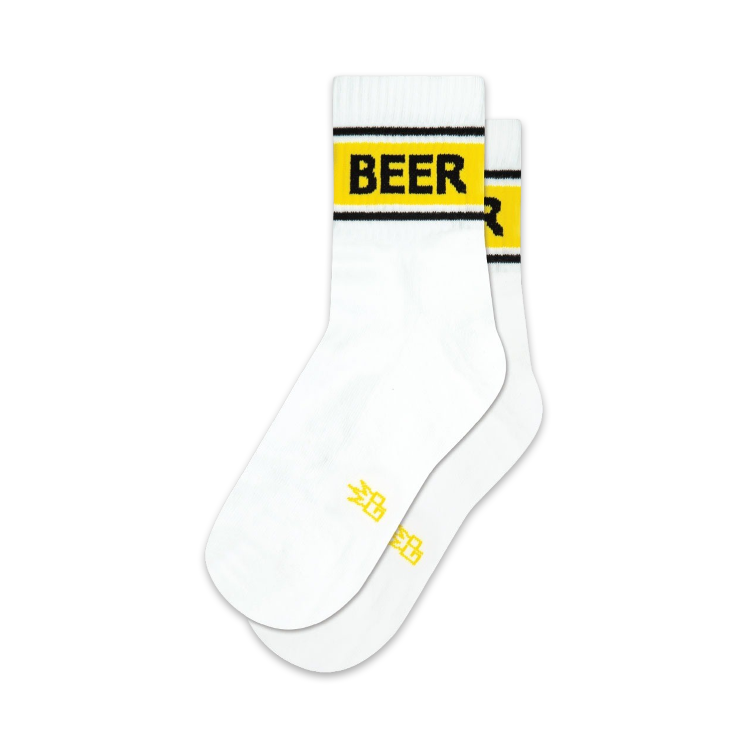 Pair of white crew socks with a black and yellow 'BEER' band at the top. Small yellow design at the heel.