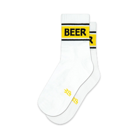 white quarter length socks with yellow lettering spelling out "beer."    