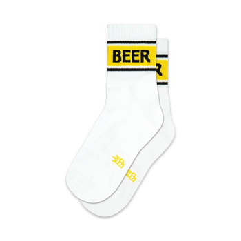white quarter length socks with yellow lettering spelling out "beer."    
