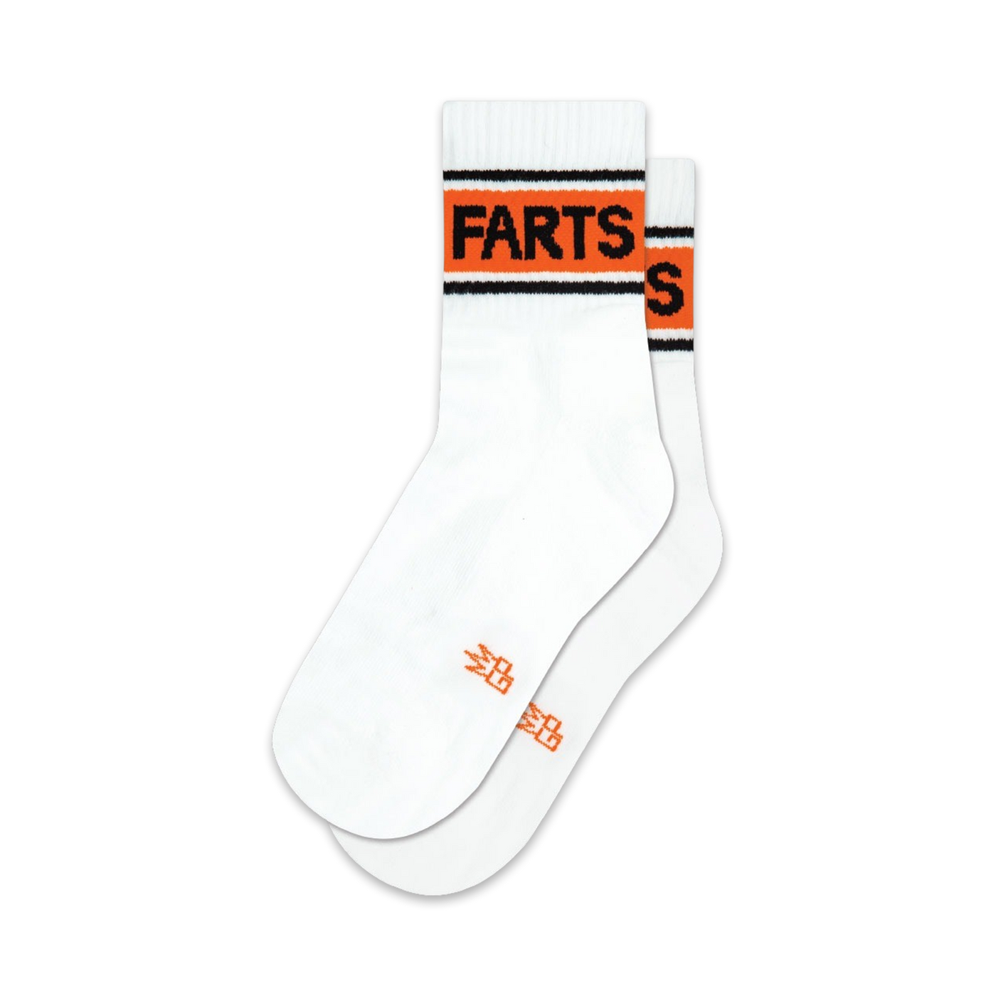 Pair of white ankle socks with a bold orange and black stripe reading 'Farts'.