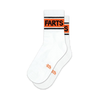 Pair of white ankle socks with a bold orange and black stripe reading 'Farts'.