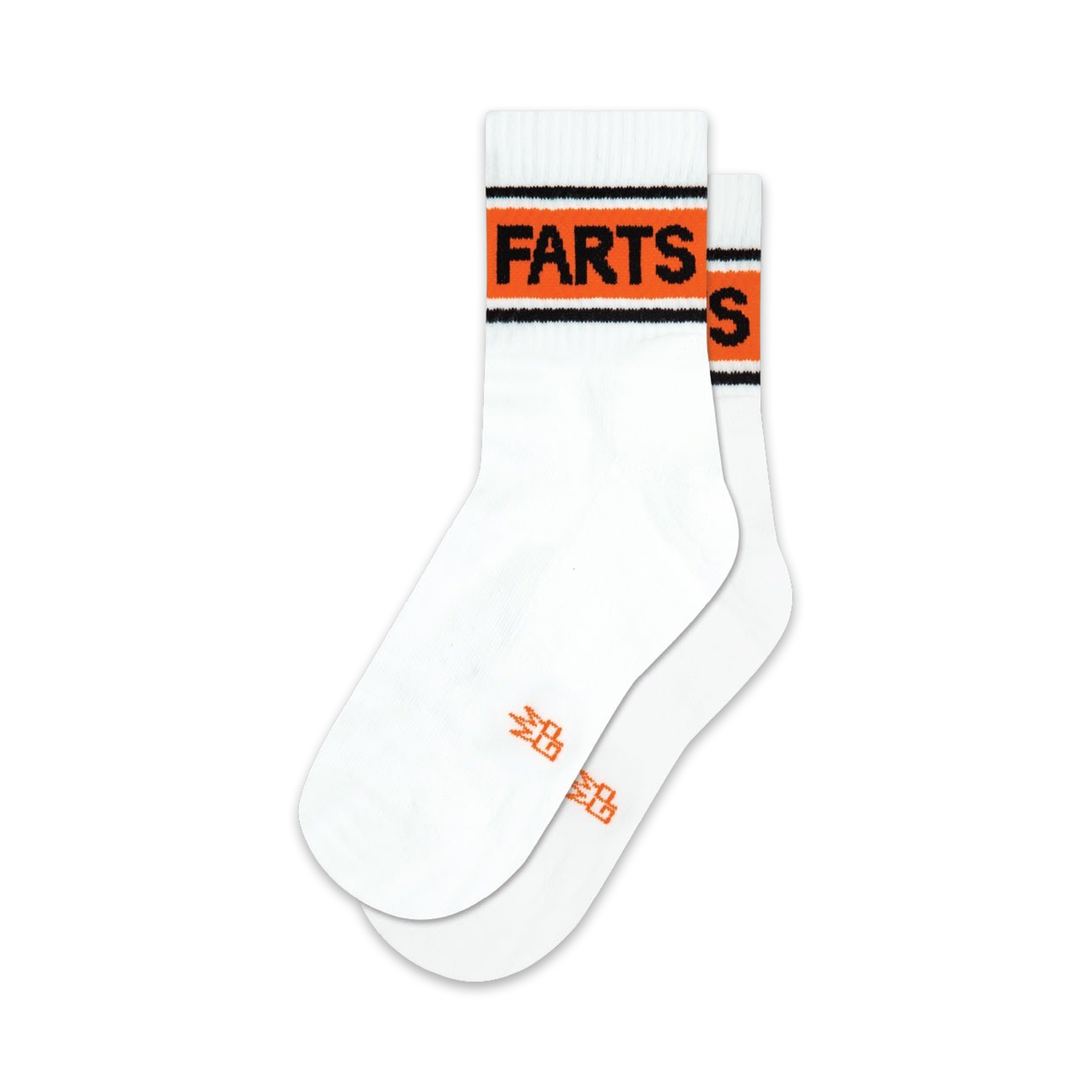 Pair of white ankle socks with a bold orange and black stripe reading 'Farts'.