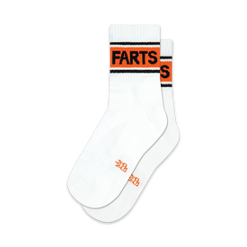  white quarter crew socks with orange farts lettering, stripes, toes, and heels designed for men and women.    
