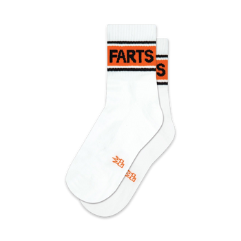  white quarter crew socks with orange farts lettering, stripes, toes, and heels designed for men and women.    