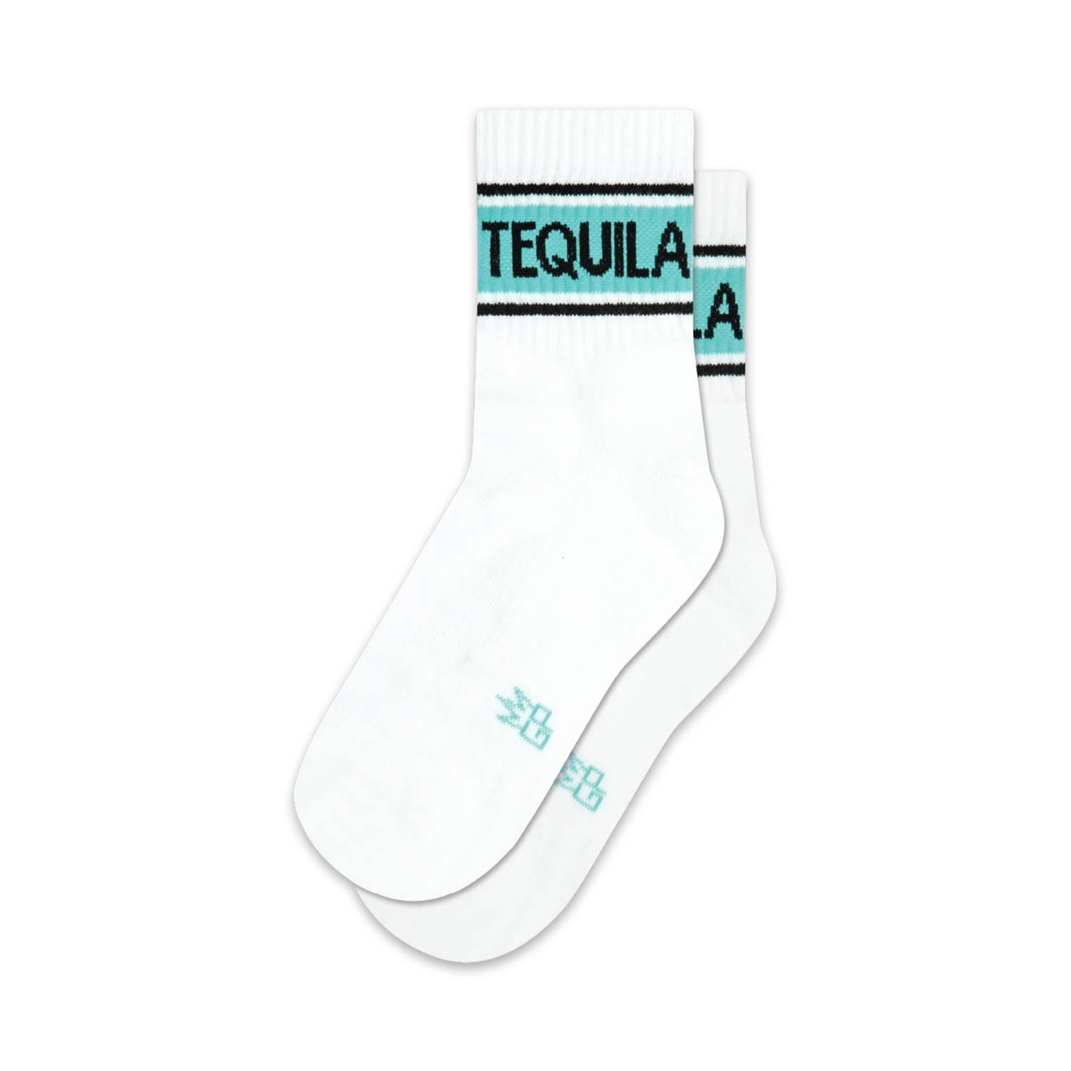 Pair of white crew socks with a teal and black 'Tequila' stripe across the top. 