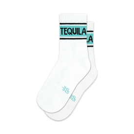 white quarter length socks for men and women, with the word "tequila" written across the top in blue and green. reinforced toes and heels.   