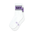 Pair of white crew socks with a lavender and black band reading 'GAY'.