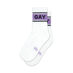 Pair of white crew socks with a lavender and black band reading 'GAY'.