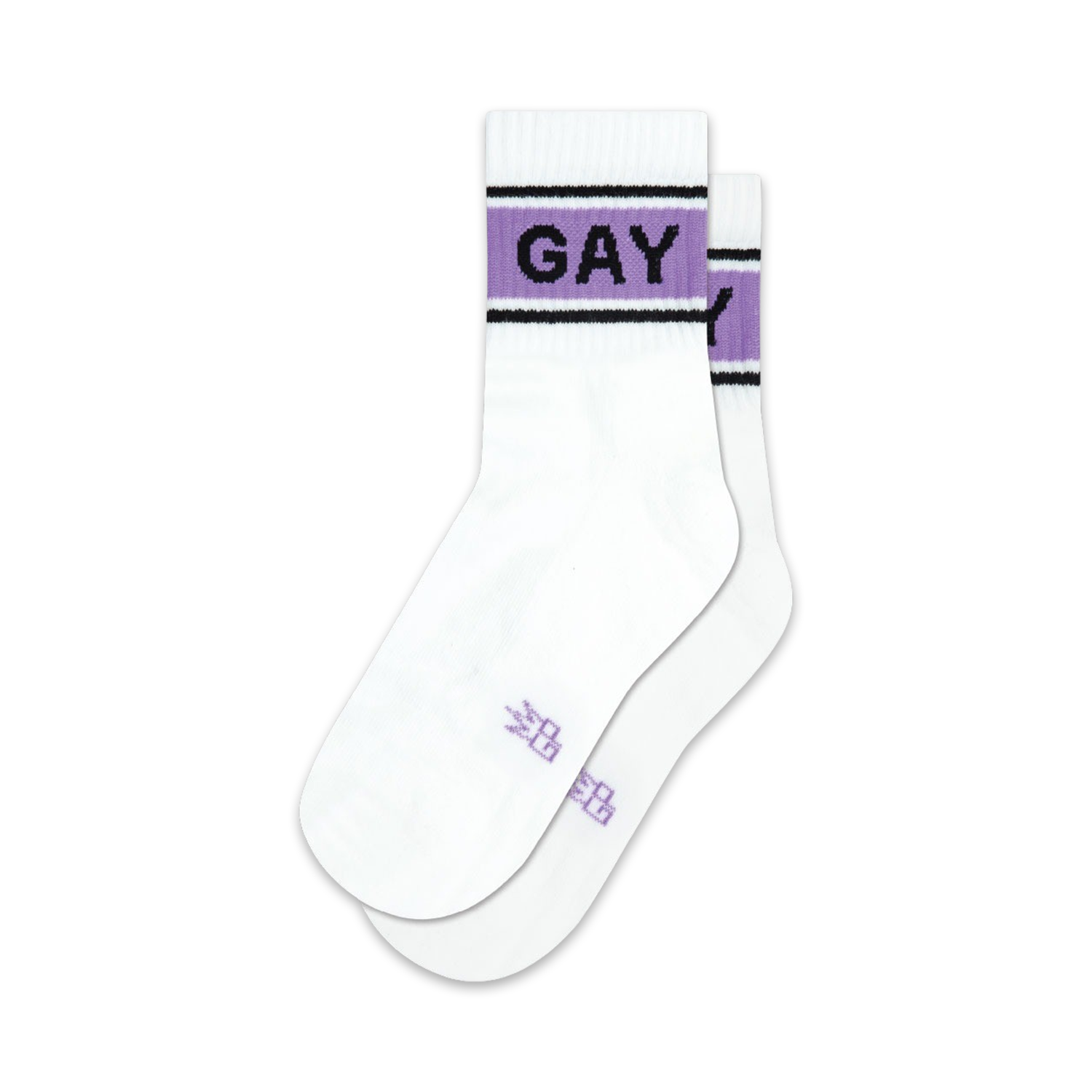 Pair of white crew socks with a lavender and black band reading 'GAY'.