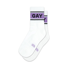 white quarter socks with purple stripes and "gay" in capital letters, for men and women  