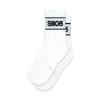 Pair of white ankle socks with a black 'Snob' logo across the top. Simple, stylish, and perfect for everyday wear.