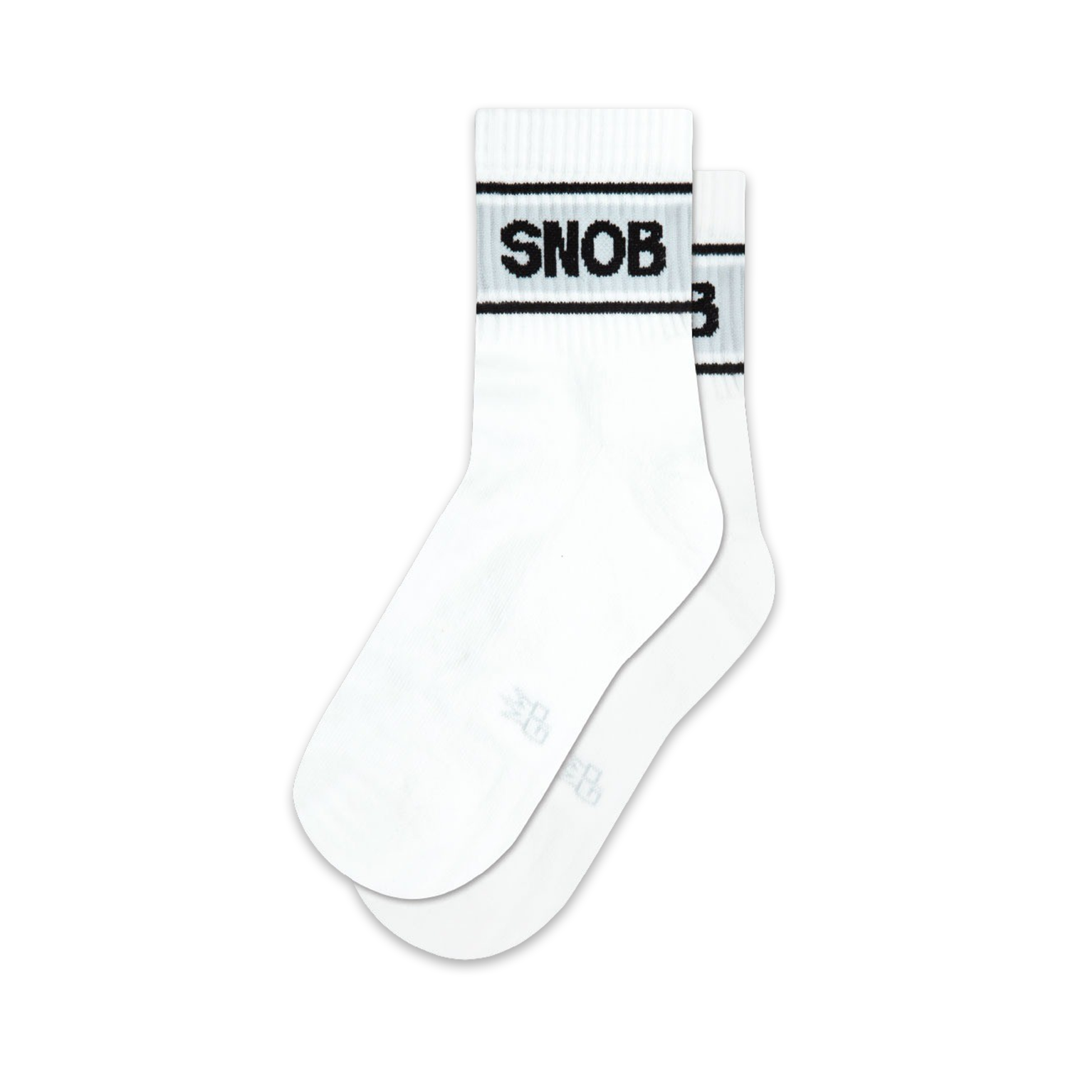 Pair of white ankle socks with a black 'Snob' logo across the top. Simple, stylish, and perfect for everyday wear.