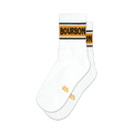 Pair of white ankle socks with a mustard yellow and black horizontal stripe reading 'BOURBON'. Retro design.