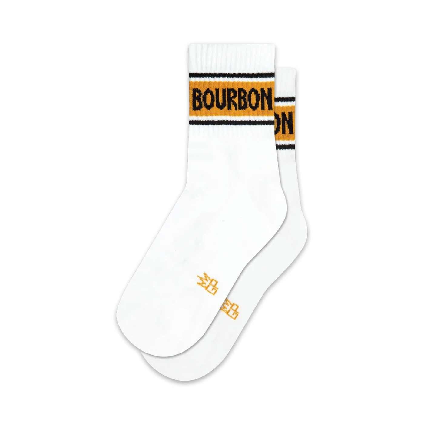 Pair of white ankle socks with a mustard yellow and black horizontal stripe reading 'BOURBON'. Retro design.