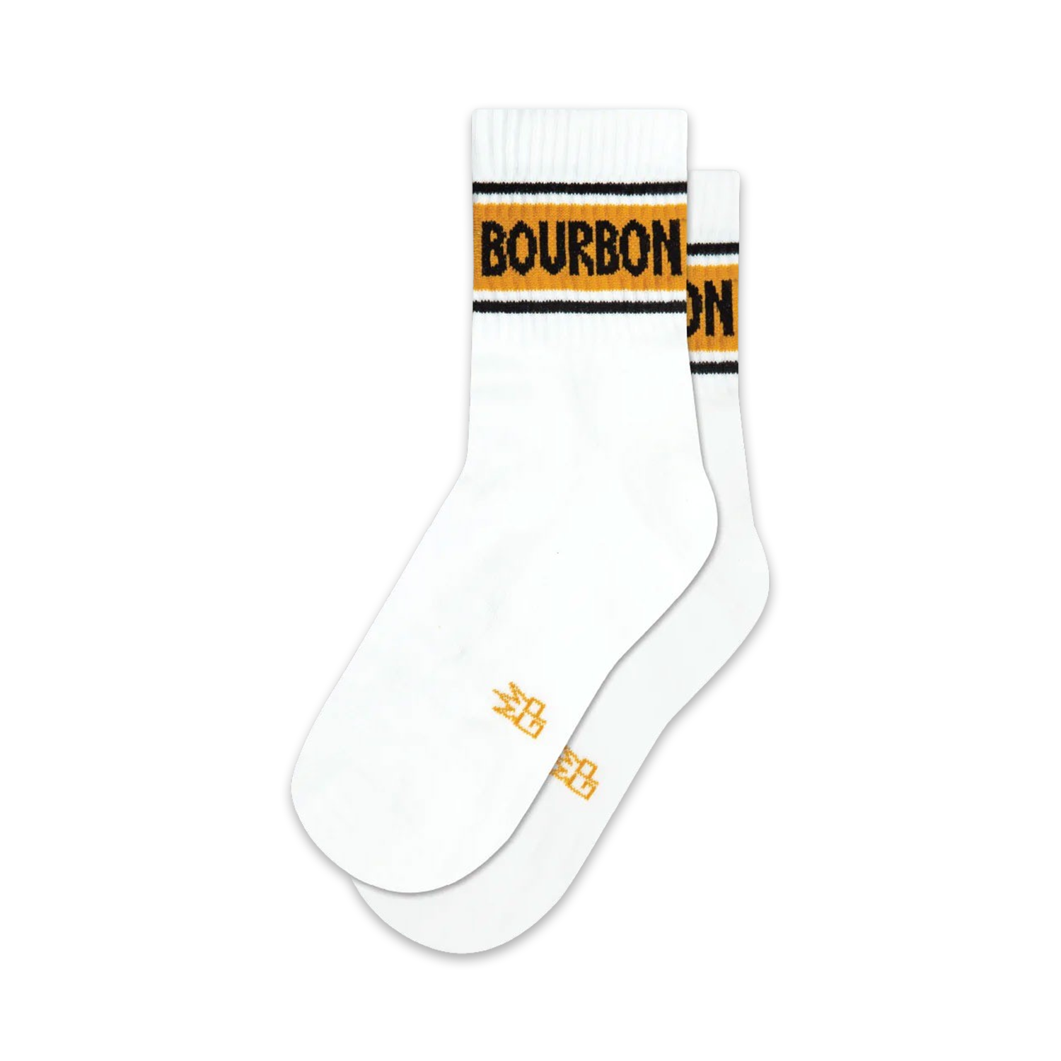 Pair of white ankle socks with a mustard yellow and black horizontal stripe reading 'BOURBON'. Retro design.