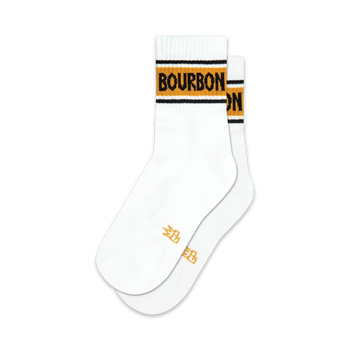 quarter length white socks with "bourbon" in black and orange letters for men and women  