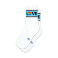 Pair of white crew socks with a light blue, black, and rainbow heart 'LOVE' stripe.