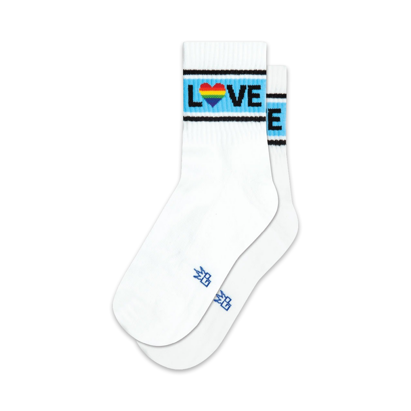 Pair of white crew socks with a light blue, black, and rainbow heart 'LOVE' stripe.