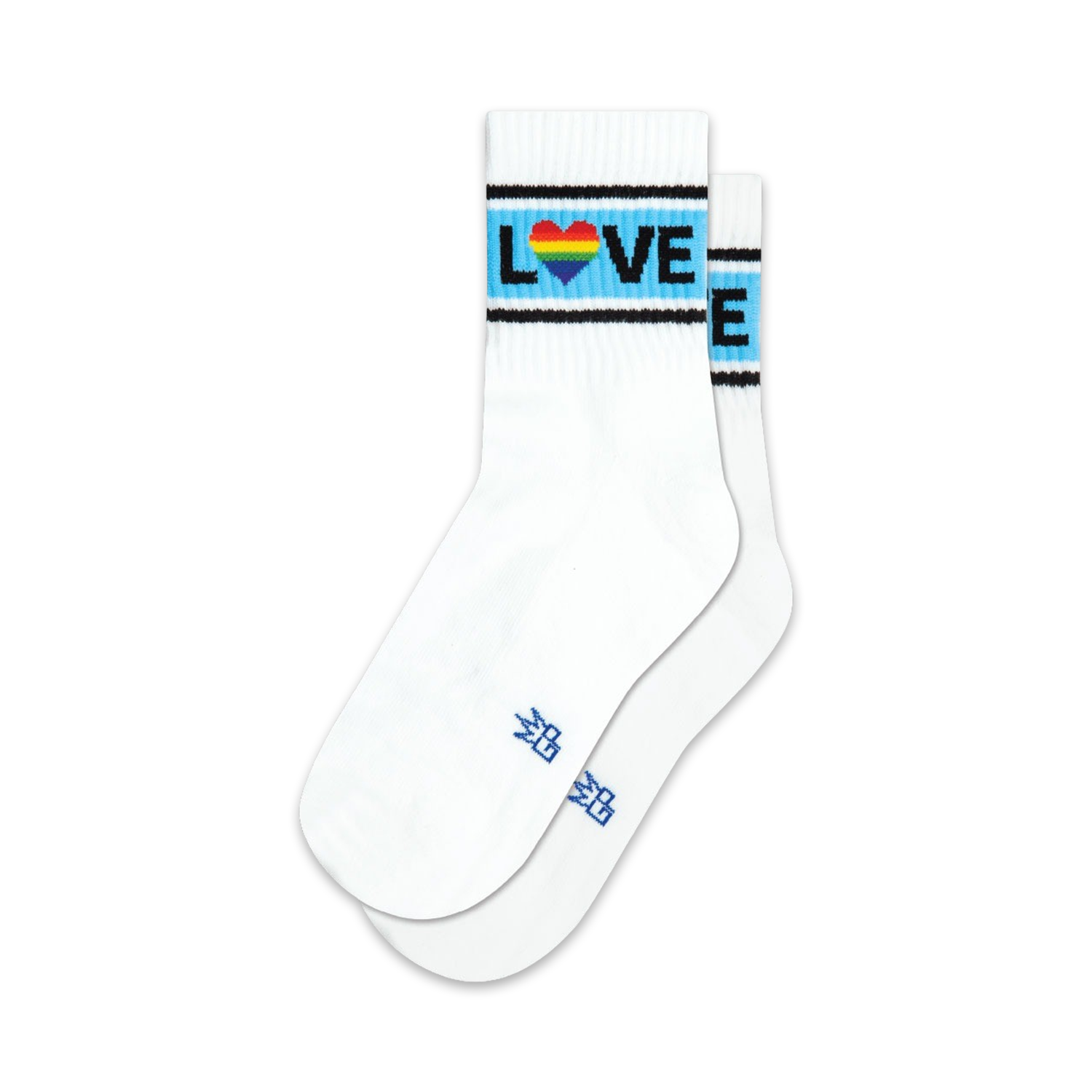 Pair of white crew socks with a light blue, black, and rainbow heart 'LOVE' stripe.