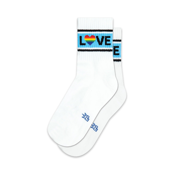white quarter-length socks with â€œloveâ€ written on the leg in rainbow-colored letters with a heart in the 