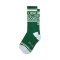 Pair of green crew socks with white stripes and the text 'I READ BANNED BOOKS'.