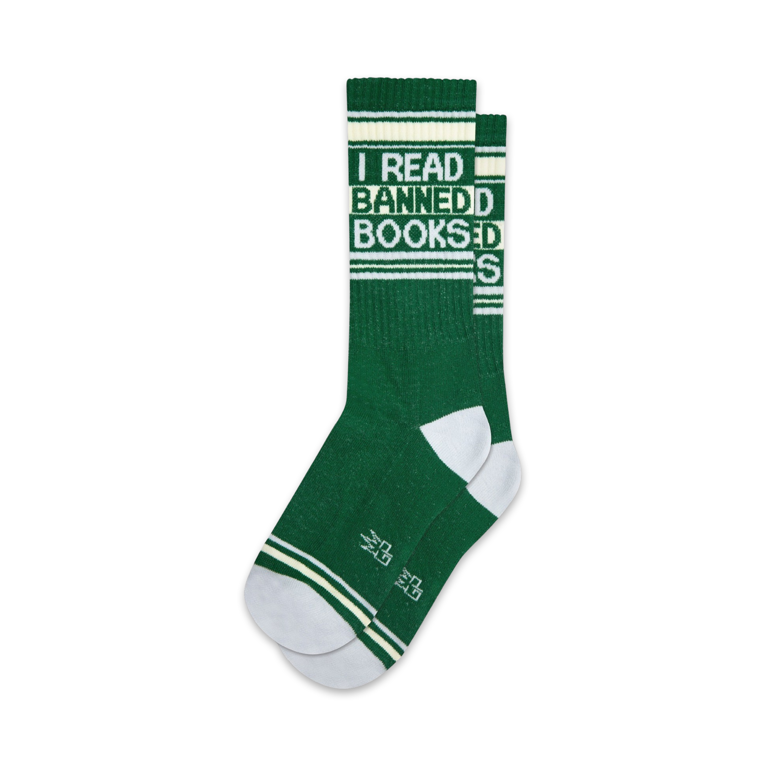Pair of green crew socks with white stripes and the text 'I READ BANNED BOOKS'.