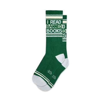 forest green socks with white and cream stripes. "i read banned books" written on the front. crew xl. for men and women.   