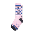Pair of pink crew socks with navy blue and black stripes.  The socks feature the text 'I'm Too Old For This Shit' in a bold font.