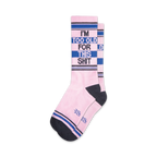 Pair of pink crew socks with navy blue and black stripes.  The socks feature the text 'I'm Too Old For This Shit' in a bold font.