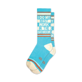 Pair of teal crew socks with a white and orange stripe at the cuff. The socks feature the text 'I DO MY BEST WORK IN THE BATHROOM' in a retro-style font.