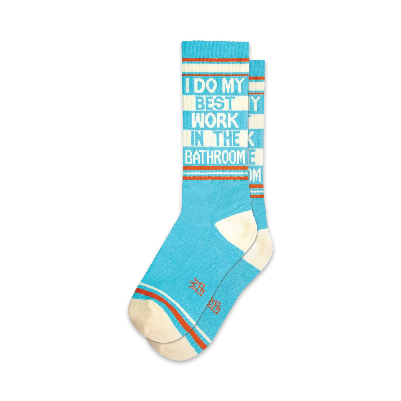 Pair of teal crew socks with a white and orange stripe at the cuff. The socks feature the text 'I DO MY BEST WORK IN THE BATHROOM' in a retro-style font.